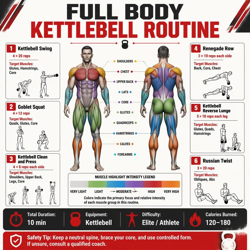 Full body kettlebell routine infographic with front and back anatomy figure, 6 exercise cards, stats strip, and safety tip.