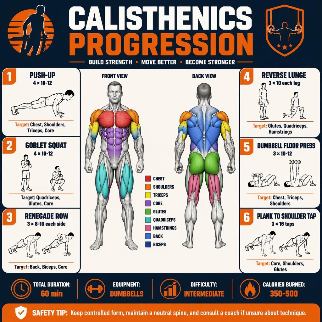 Modern fitness infographic with anatomical front and back figures, 6 exercise cards, muscle highlights, and stats strip.