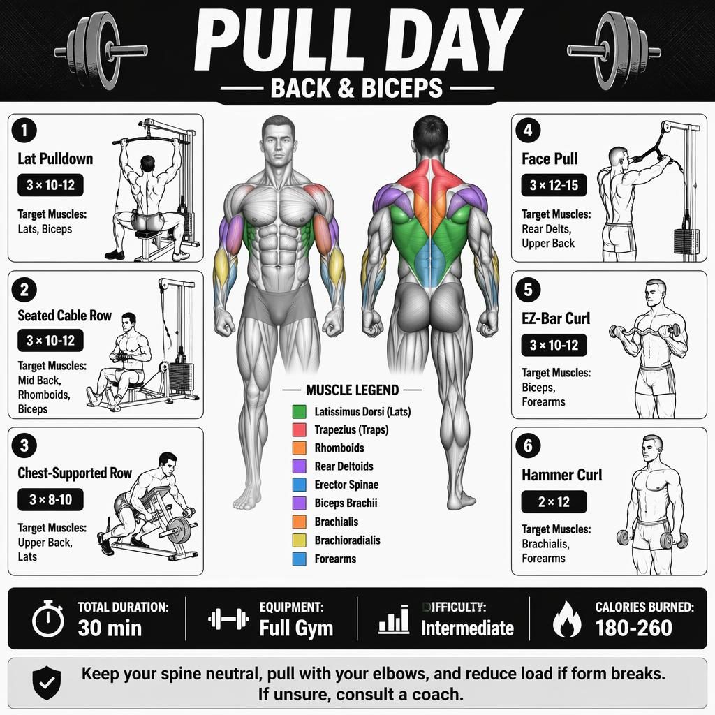 Monochrome pull day back and biceps workout infographic with anatomy figure, 6 exercise cards, muscle legend, stats, and tip.