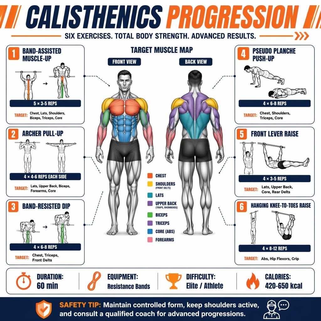 Fitness infographic with front and back athletic figures, muscle highlights, and 6 calisthenics exercise cards.