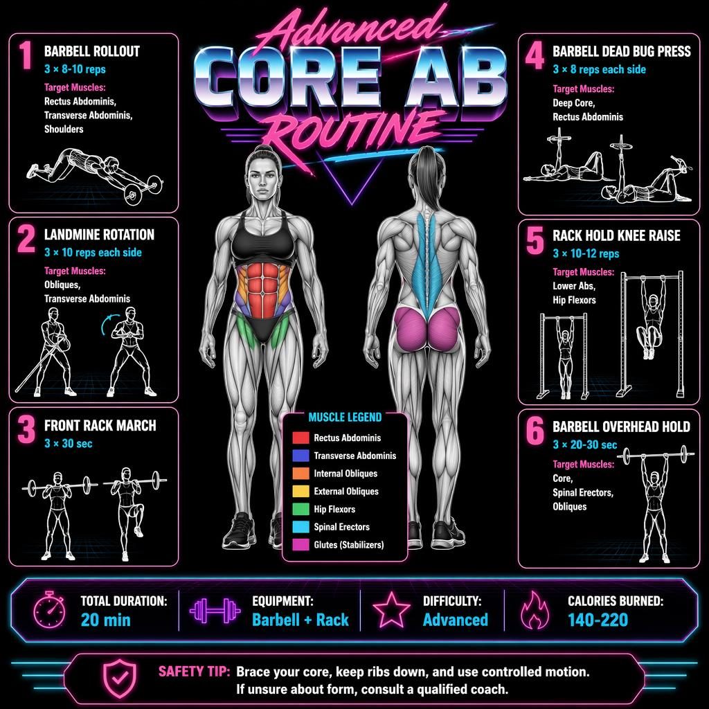 Retro dark-mode infographic showing an advanced core routine with front and back anatomy figure and 6 barbell exercises.