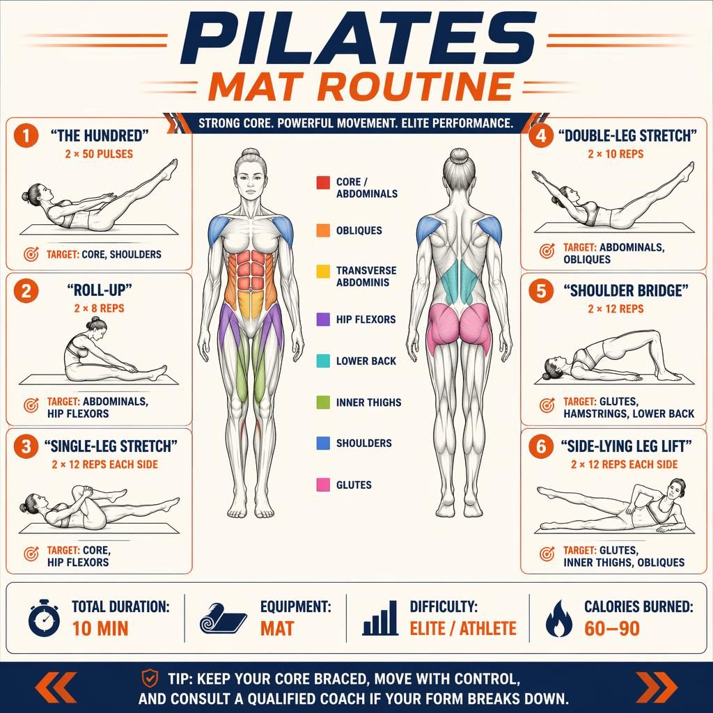 Pilates mat routine infographic with front and back anatomy figure, highlighted muscles, 6 exercise cards, stats strip, and safety tip.