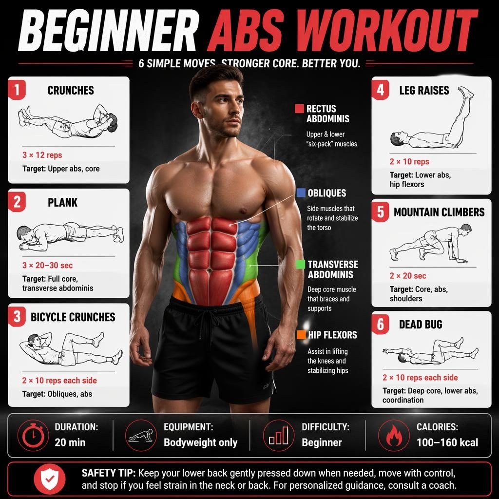 Infografika fitness z sylwetką anatomiczną i 6 ćwiczeniami na brzuch dla początkujących, w czerwono-grafitowym układzie.