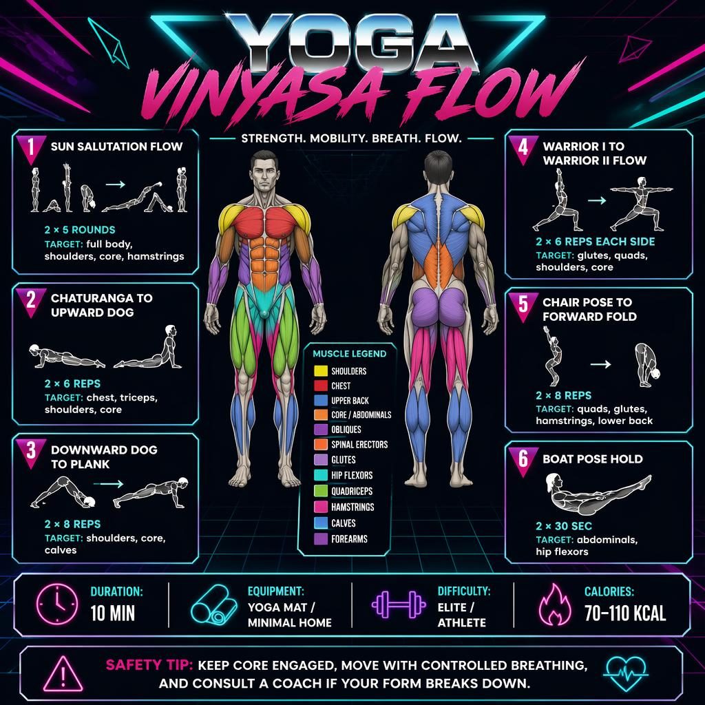 Dark mode Yoga Vinyasa Flow infographic with front-back muscle map, 6 exercise cards, legend, stats strip, and safety tip.