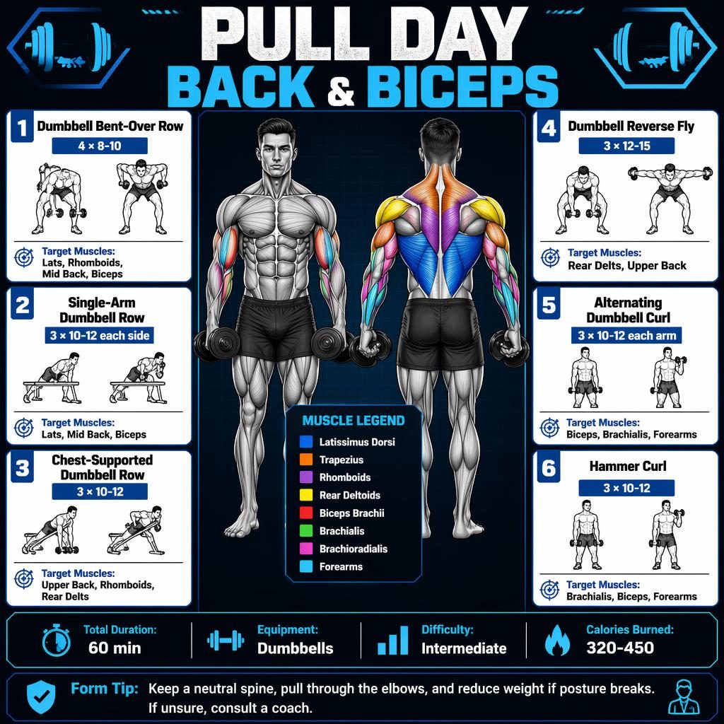 Blue pull day workout infographic with anatomy figure, 6 dumbbell exercise cards, muscle highlights, stats strip, and form tip.