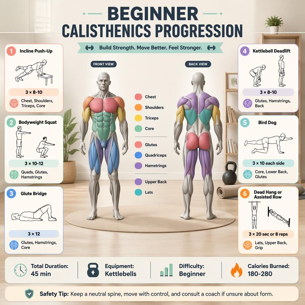 Beginner calisthenics infographic with anatomical muscle map, 6 exercise cards, quick stats, and safety tip in pastel 3D style.