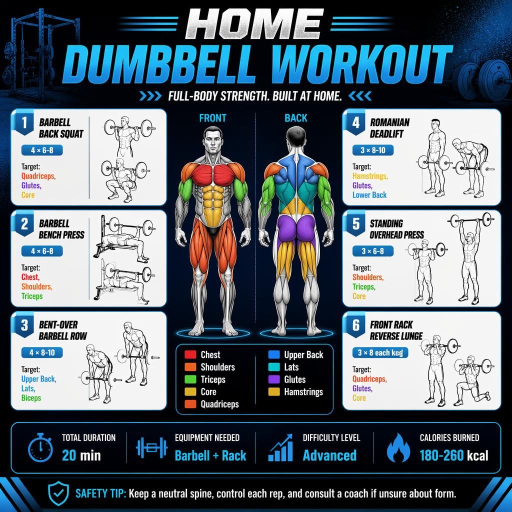 Home Dumbbell Workout infographic with front-and-back muscle map, 6 barbell exercise cards, stats strip, and safety tip