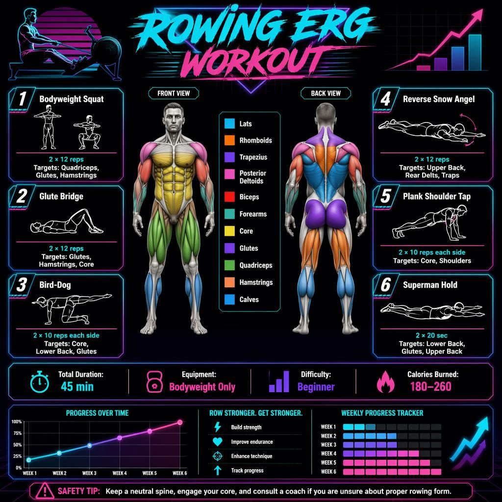 Retro dark-mode rowing erg workout infographic with anatomy figure, 6 exercise cards, stats strip, safety tip, and fitness progress chart motifs.