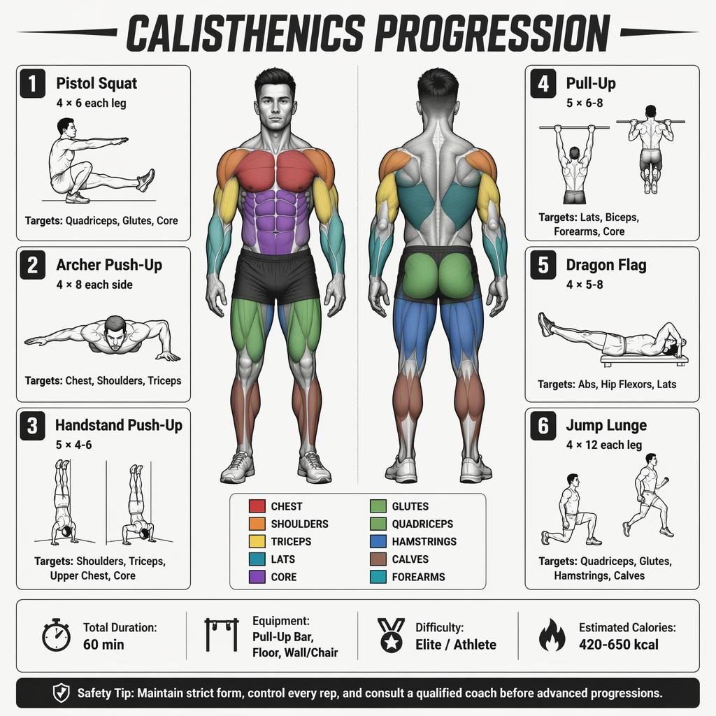 Minimal calisthenics infographic with front and back anatomy figure, 6 exercise cards, muscle highlights, stats strip, and safety tip.