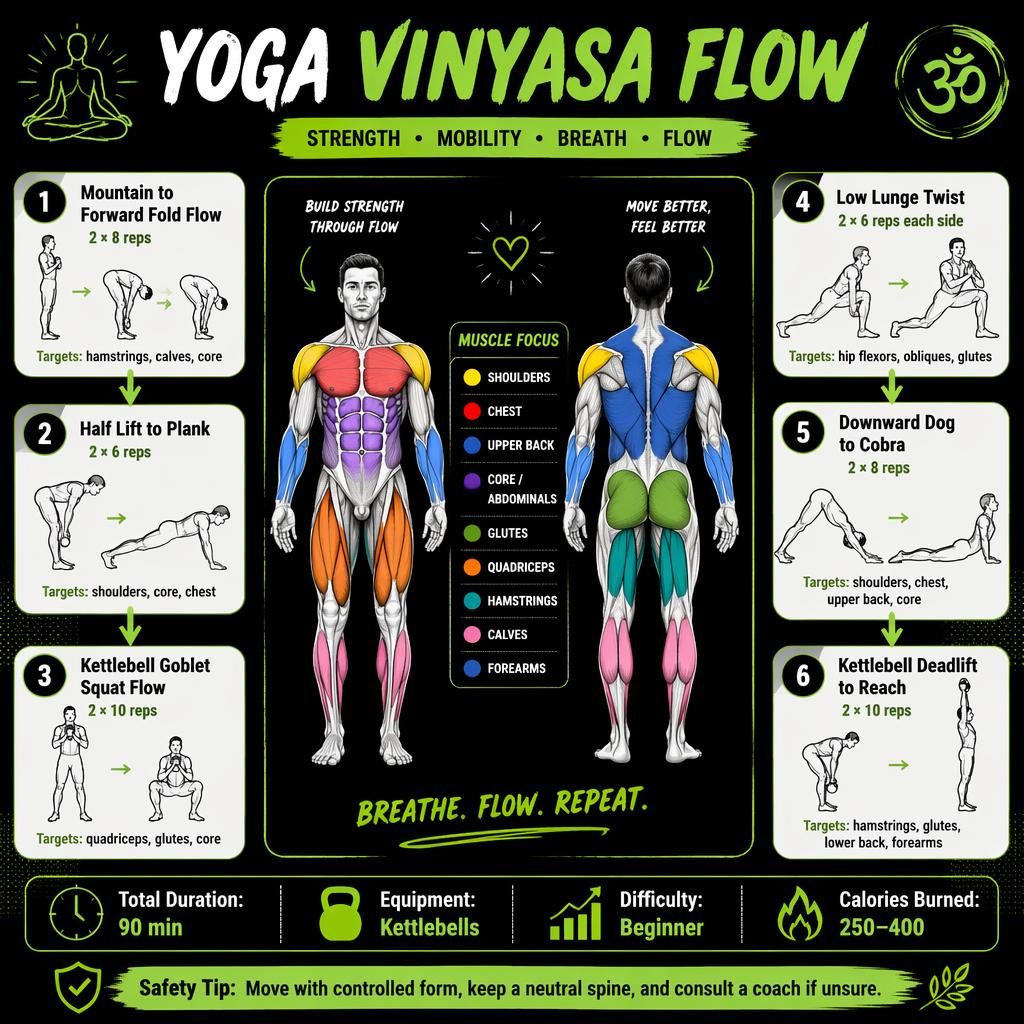Yoga Vinyasa Flow workout infographic with front and back muscle map, 6 numbered exercise cards, quick stats, and safety tip.
