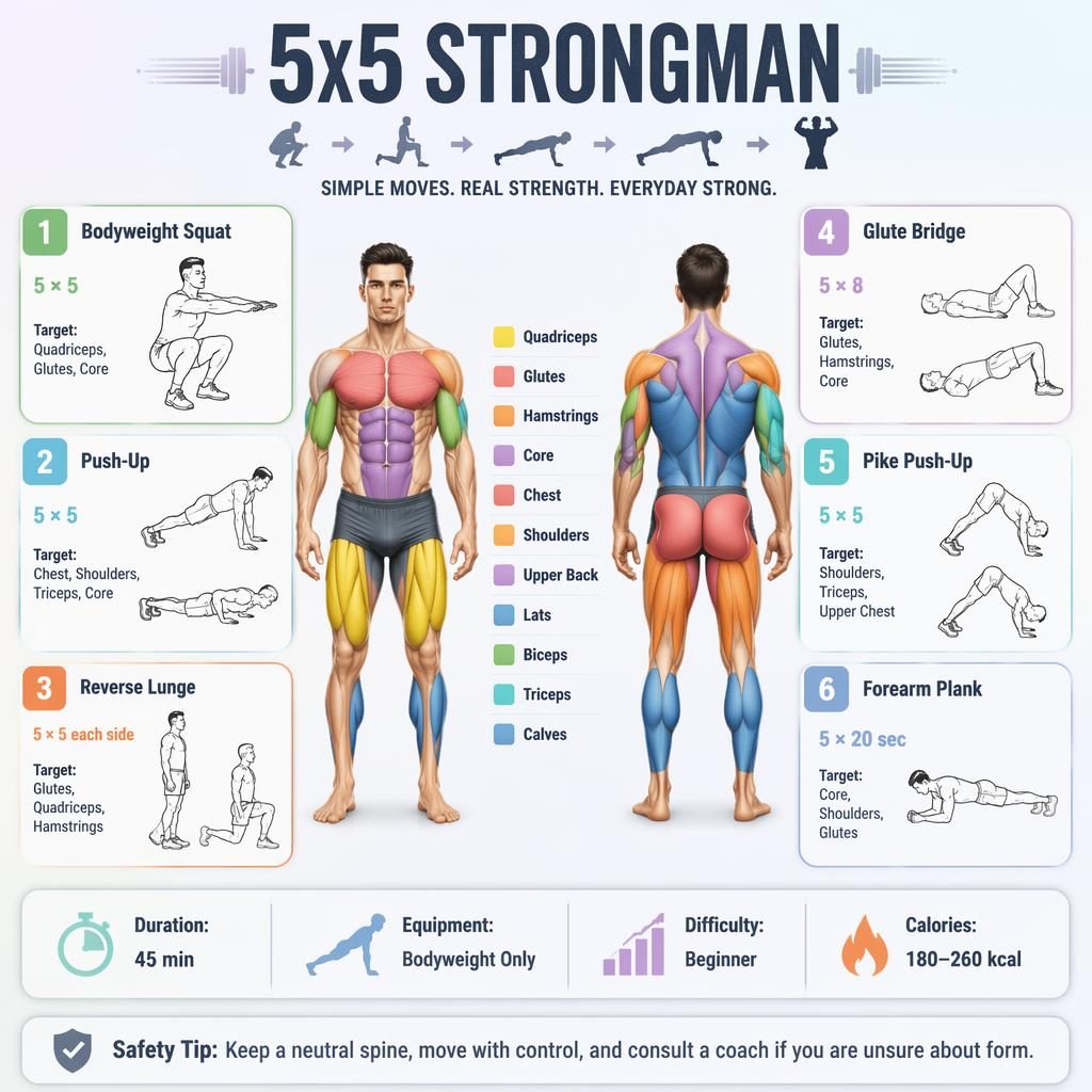 5x5 Strongman workout infographic with front and back anatomy views, 6 exercise cards, stats strip, and safety tip.
