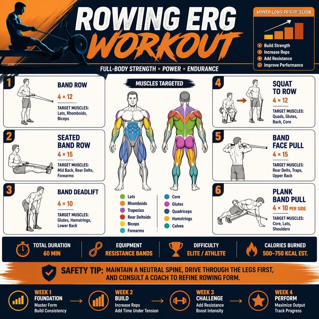 Rowing Erg Workout infographic with front and back anatomy figure, 6 band exercises, stats strip, and safety tip.
