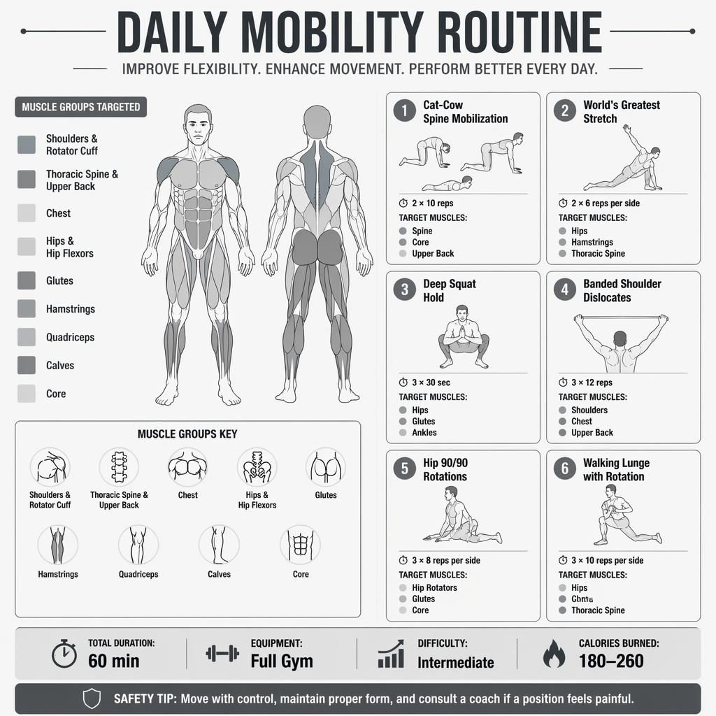 Monochrome gym regimen infographic with front and back anatomy figure, 6 mobility exercise cards, stats strip, and safety tip.