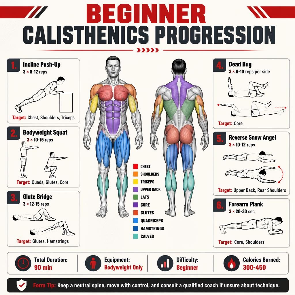 Beginner calisthenics infographic with front and back muscle maps, 6 exercise cards, quick stats, and safety tip.