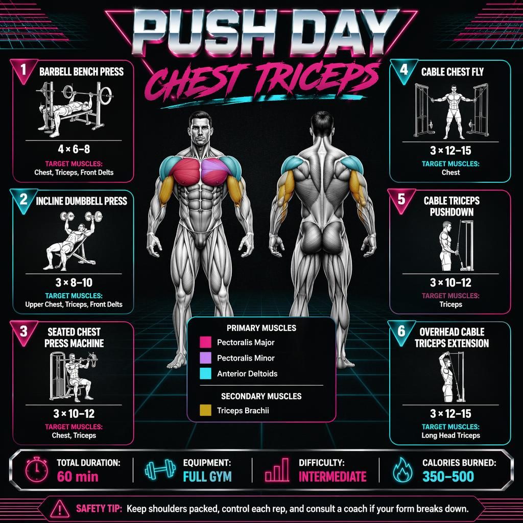 Dark-mode push day workout infographic with anatomy figure, 6 exercise cards, muscle highlights, stats strip, and safety tip.
