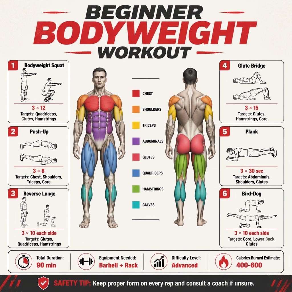 Workout infographic with front and back anatomy figure, highlighted muscles, 6 exercise cards, stats strip, and safety tip.