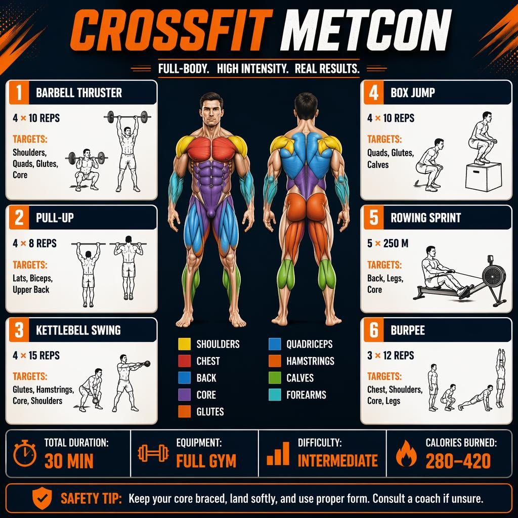 CrossFit Metcon workout infographic with male anatomy front and back, 6 exercise cards, muscle highlights, and stats strip.