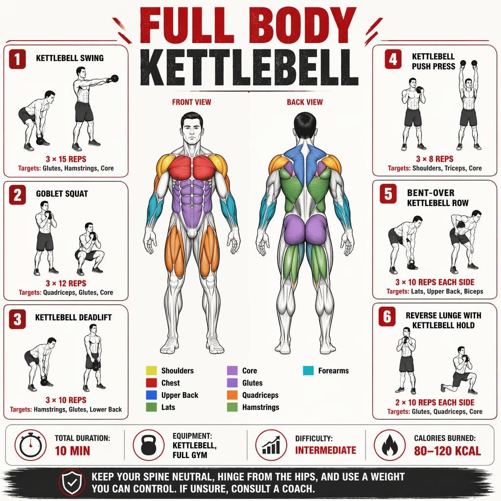 Infographie fitness Full Body Kettlebell avec figure anatomique avant/arrière, 6 exercices numérotés et zones musculaires.