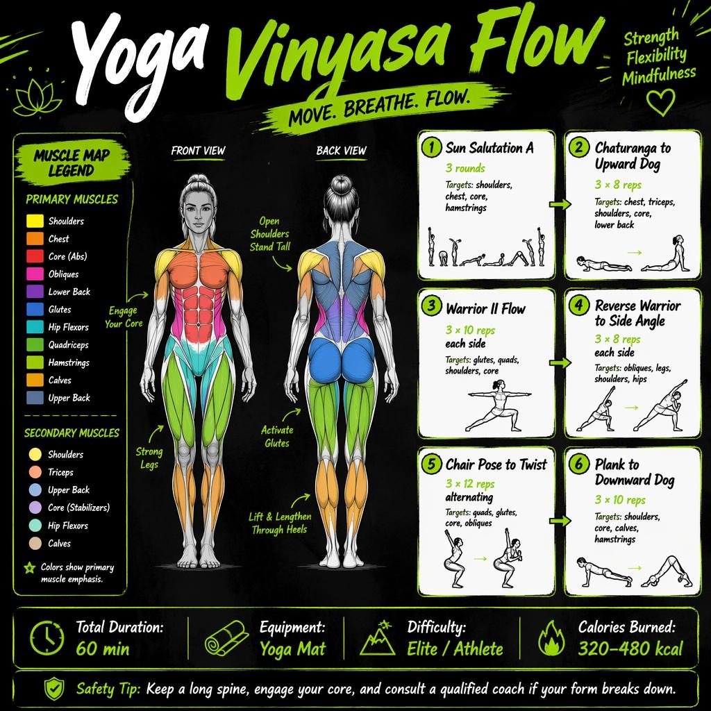 Yoga Vinyasa Flow workout infographic with front and back anatomy views, 6 exercise cards, muscle legend, stats strip, and safety tip.