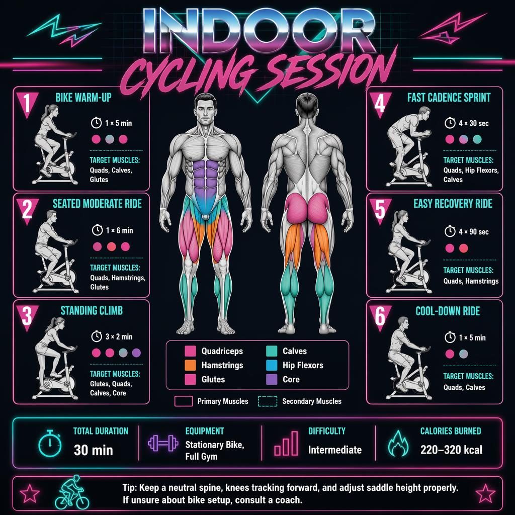 Retro-style indoor cycling workout infographic with front/back muscle map, 6 exercise cards, stats strip, and safety tip.