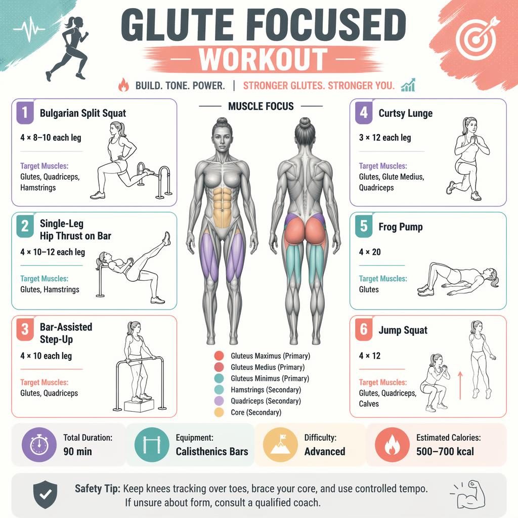 Isometric 3D glute workout infographic with anatomy figure, 6 exercise cards, muscle legend, quick stats, and safety tip.