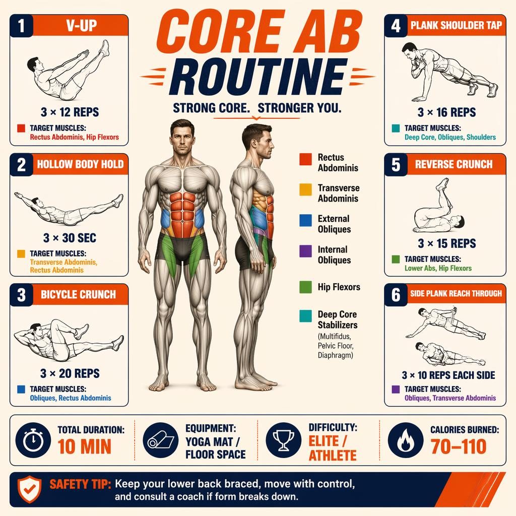 Modern fitness infographic with front and side anatomy figure, highlighted core muscles, and 6 ab exercise cards.