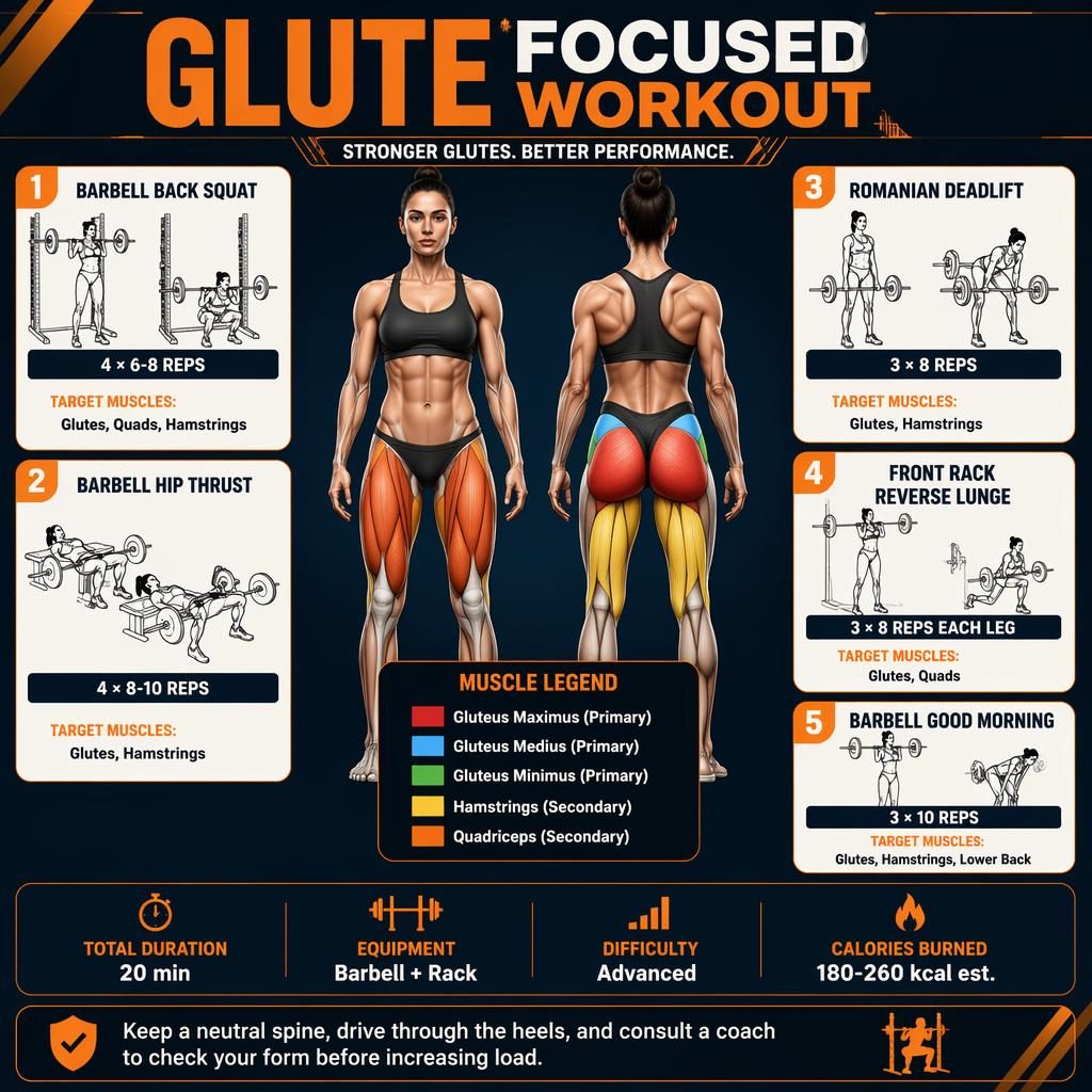 Modern glute focused workout poster with anatomy figure, 5 barbell exercise cards, muscle legend, stats strip, and safety tip.