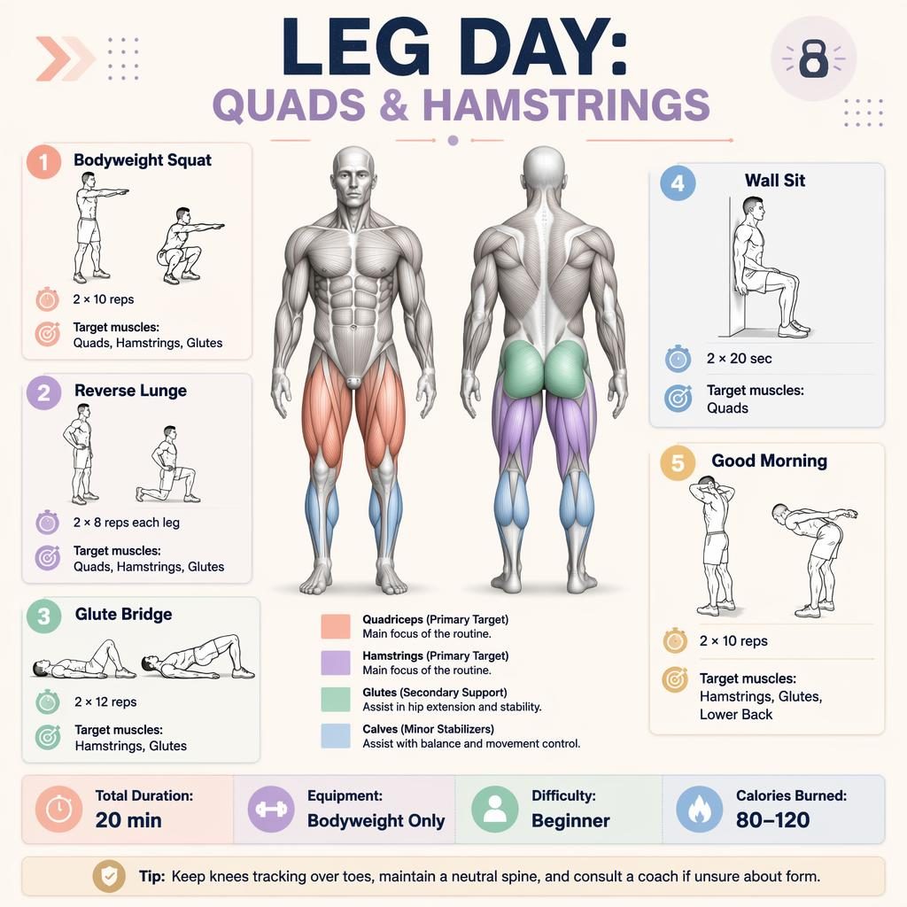 Leg day workout infographic with front and back anatomy figure, 5 exercise cards, stats strip, and safety tip.