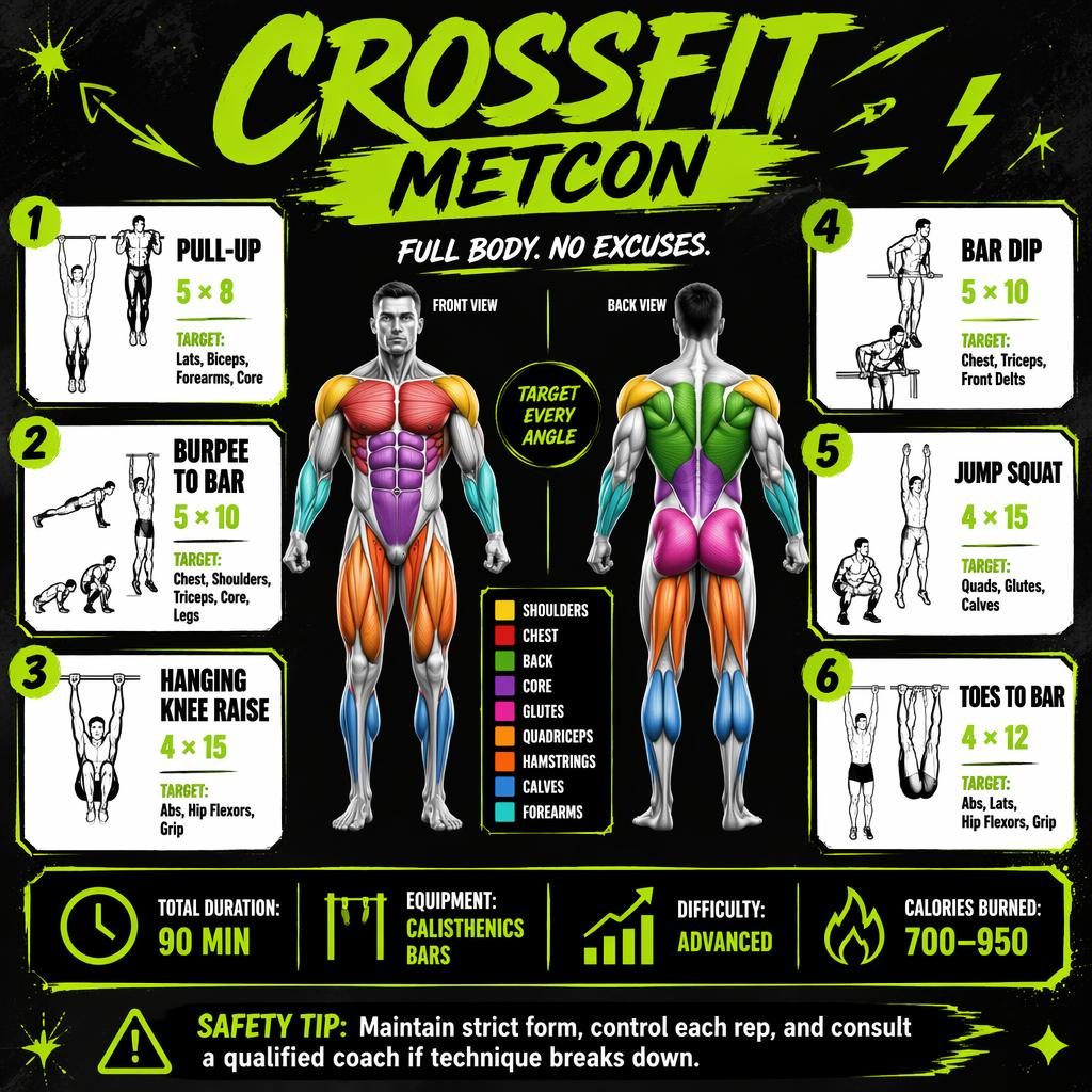 Neon green and black CrossFit Metcon infographic with front and back anatomy figure, 6 exercise cards, stats strip, and safety tip.