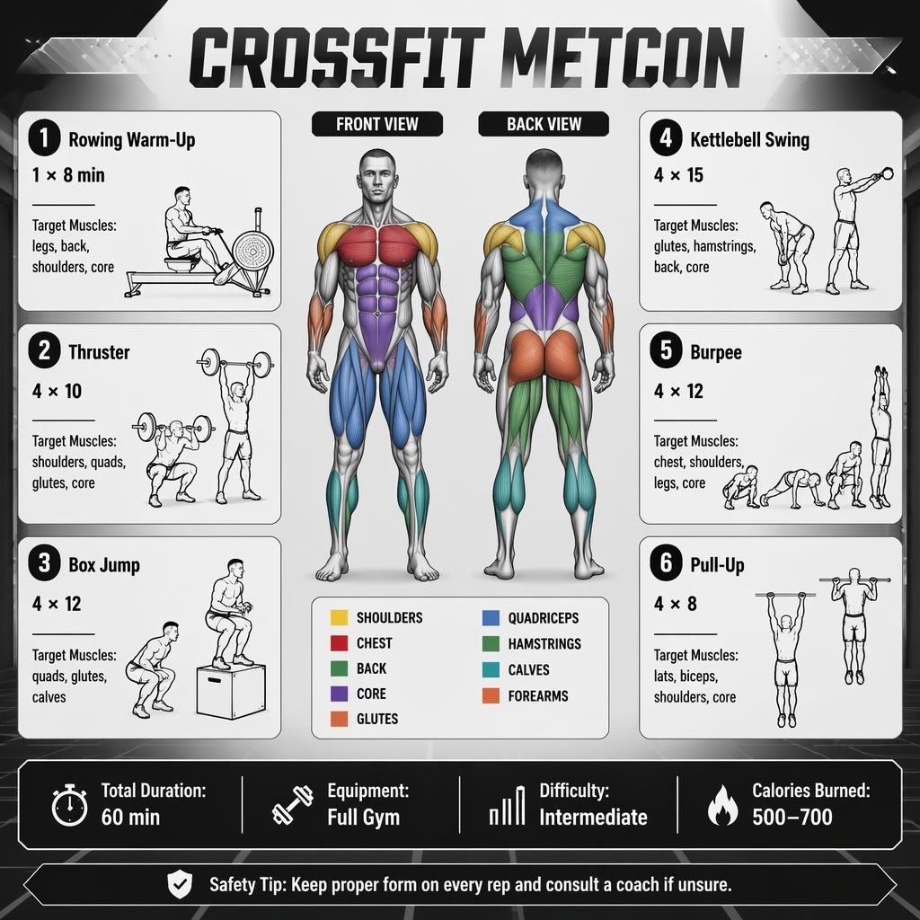 Monochrome CrossFit MetCon infographic with front and back anatomy figure, 6 exercise cards, stats strip, and safety tip.