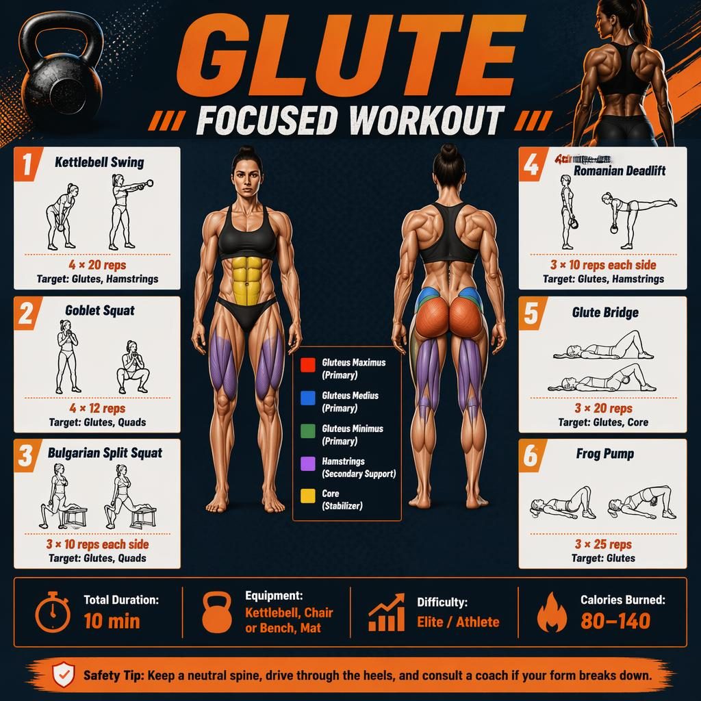 Fitness infographic with front and back anatomy figure, highlighted glutes, and 6 numbered kettlebell exercises.