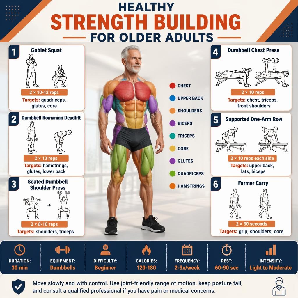 Fitness-Infografik mit älterer anatomischer Figur, markierten Muskelgruppen und 6 Übungen für sicheres Krafttraining.