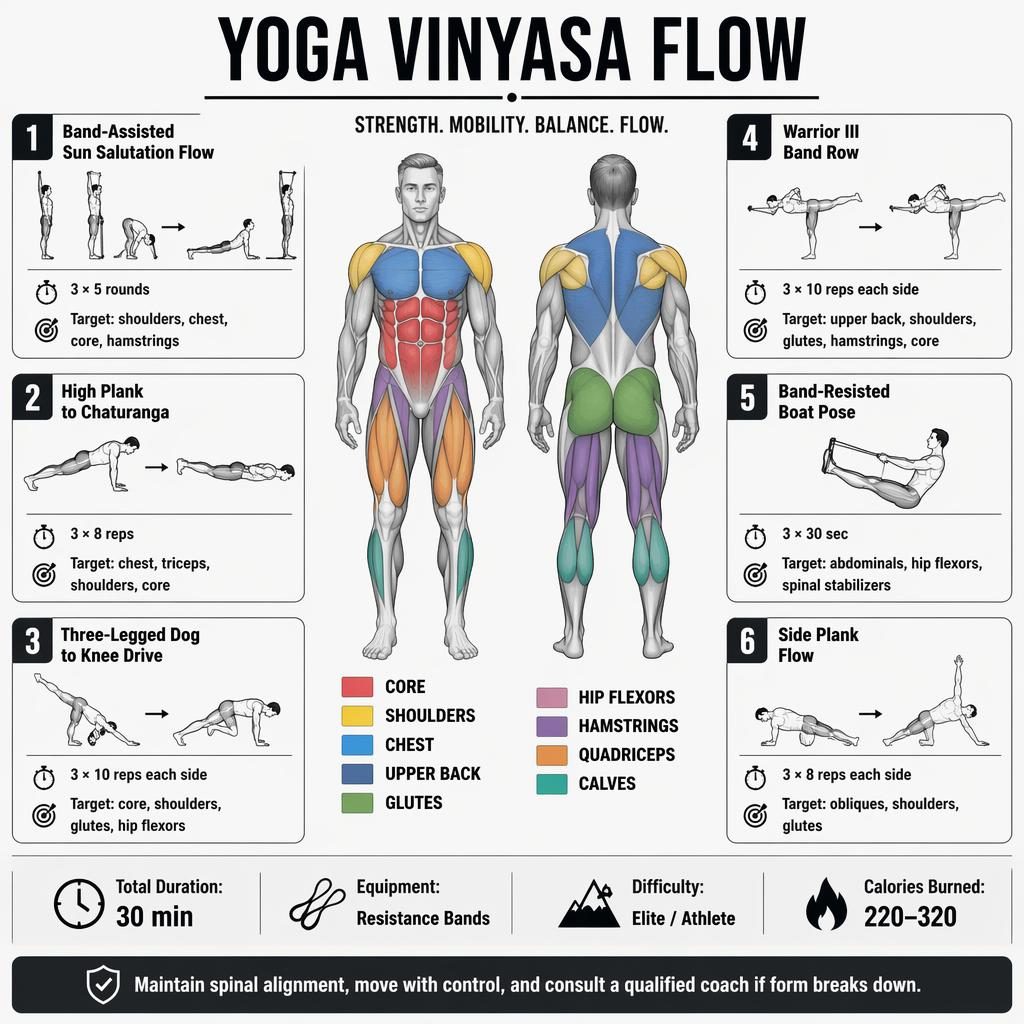 Yoga Vinyasa Flow workout infographic with front/back anatomy figure, 6 exercise cards, muscle highlights, and stats strip.