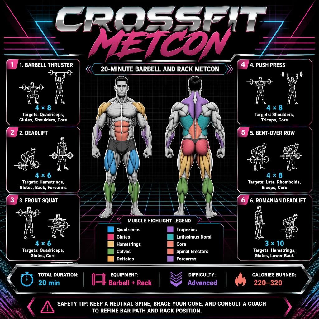 Retro neon CrossFit Metcon workout infographic with front/back muscle map, 6 barbell exercise cards, stats strip, and safety tip.