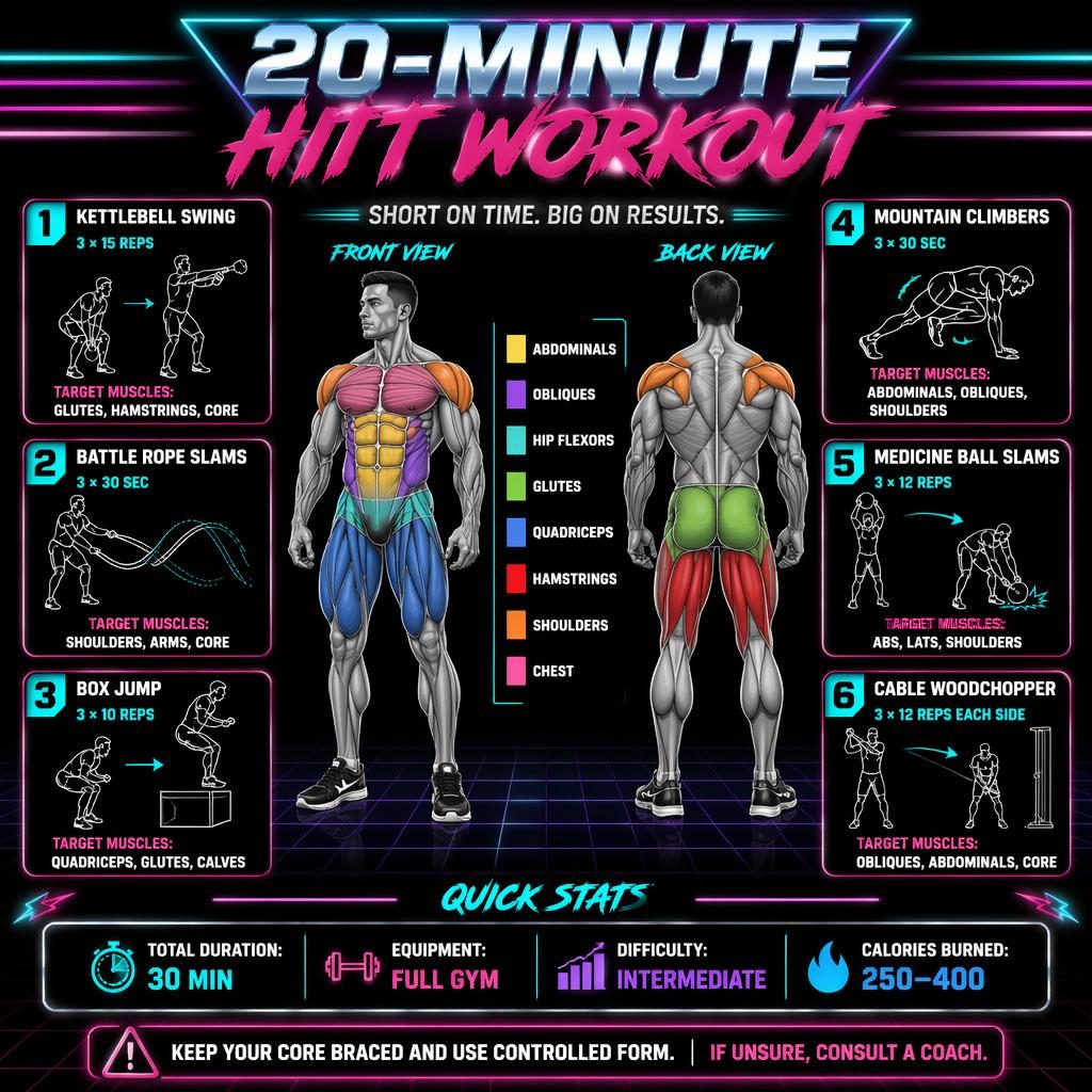 Dark retro neon HIIT workout infographic with anatomical front and back figure, 6 exercise cards, stats strip, and safety tip.