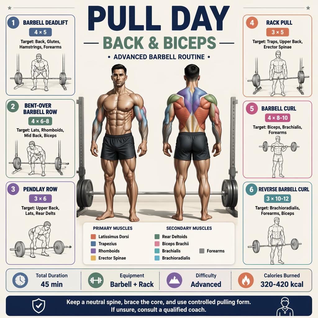 Advanced pull day workout infographic with muscle map, 6 barbell exercise cards, quick stats, and safety tip.
