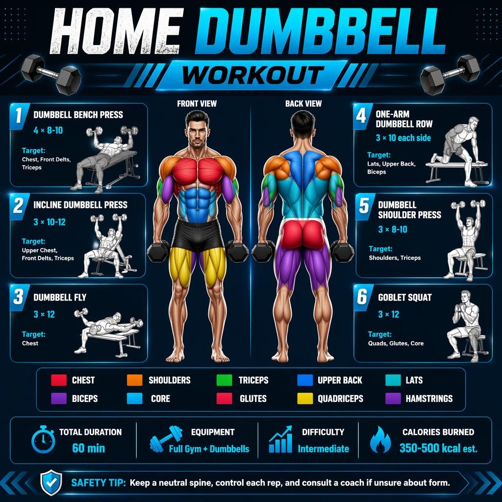 Blue fitness infographic poster with front and back male anatomy, chest-focused muscle highlights, and 6 dumbbell exercise cards.
