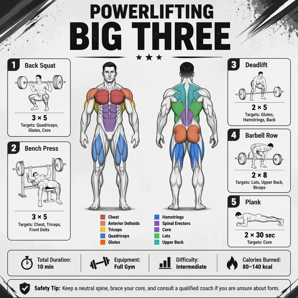 Monochrome workout infographic with front and back anatomy figure, highlighted muscles, 5 exercise cards, stats strip, and safety tip.
