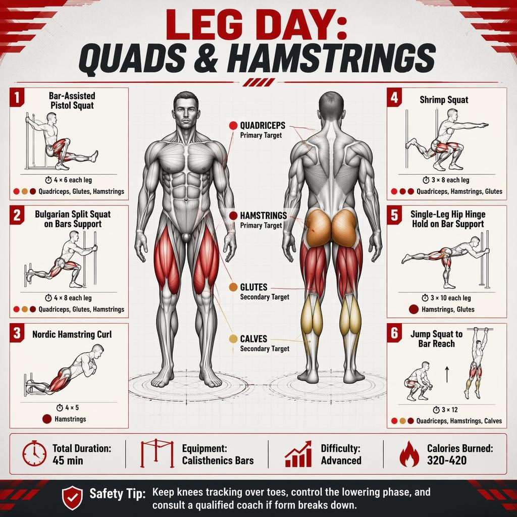 Leg day workout infographic with anatomical front and back figures, 6 exercise cards, stats strip, and safety tip.