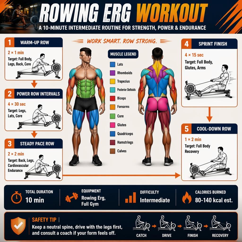 Vertical Rowing Erg Workout infographic with front and back muscle map, 5 exercise cards, stats strip, and safety tip.