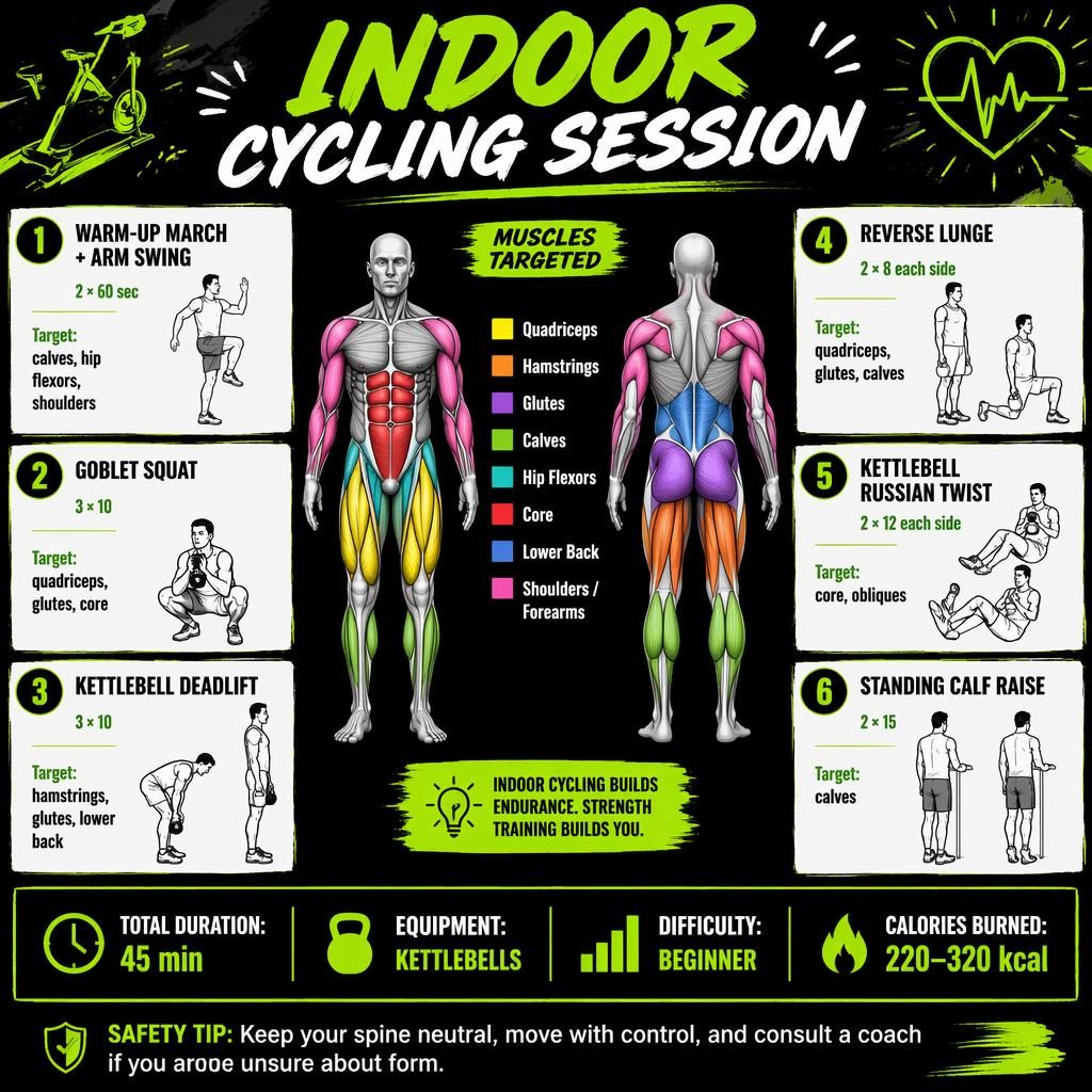 Neon green and black workout infographic with front and back anatomy figure and 6 indoor cycling support exercises.