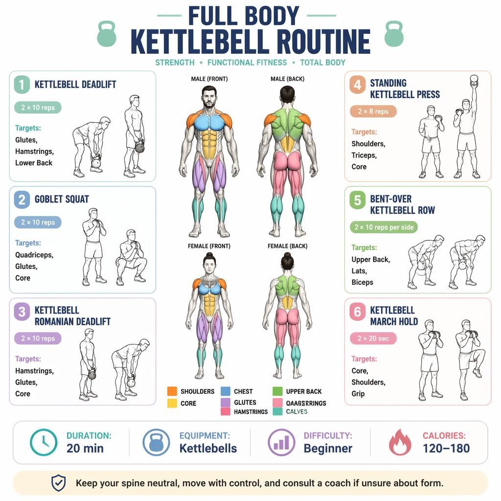 Fitness infographic poster with male and female anatomy figures, 6 kettlebell exercise cards, muscle highlights, and stats.