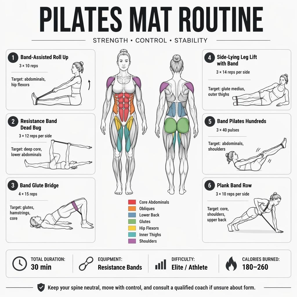 Minimal Pilates mat routine infographic with front and back anatomy figure, 6 band exercises, quick stats, and safety tip.
