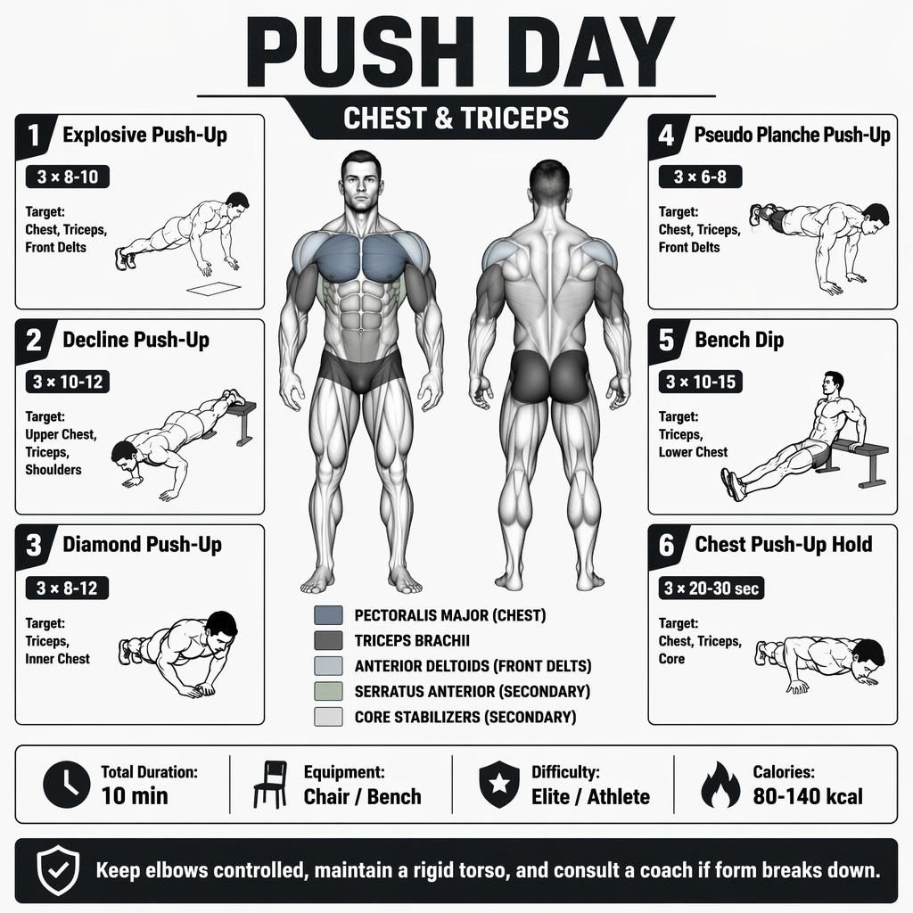 Minimalistická černobílá fitness infografika s postavou zepředu i zezadu a 6 kartami cviků na hrudník a tricepsy.