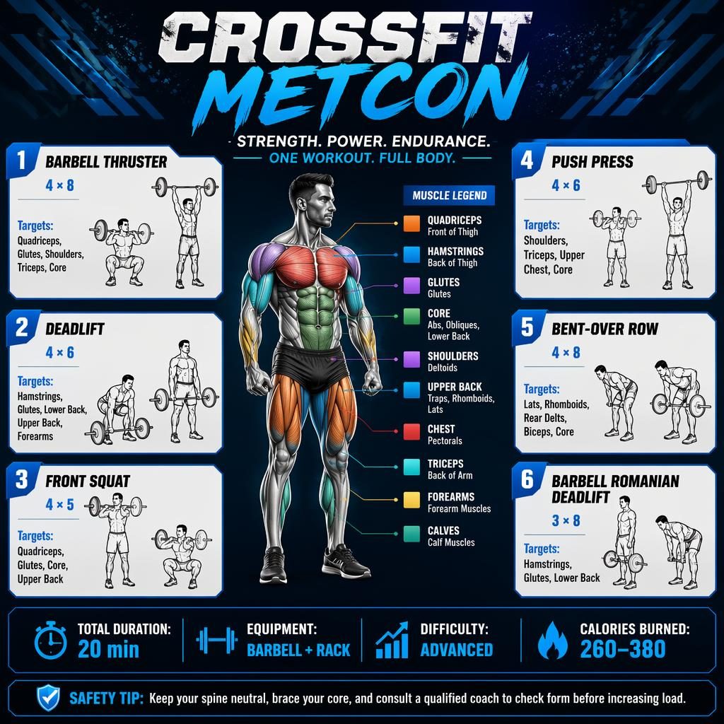Blue CrossFit Metcon workout infographic with anatomical muscle map, 6 barbell exercise cards, stats strip, and safety tip.