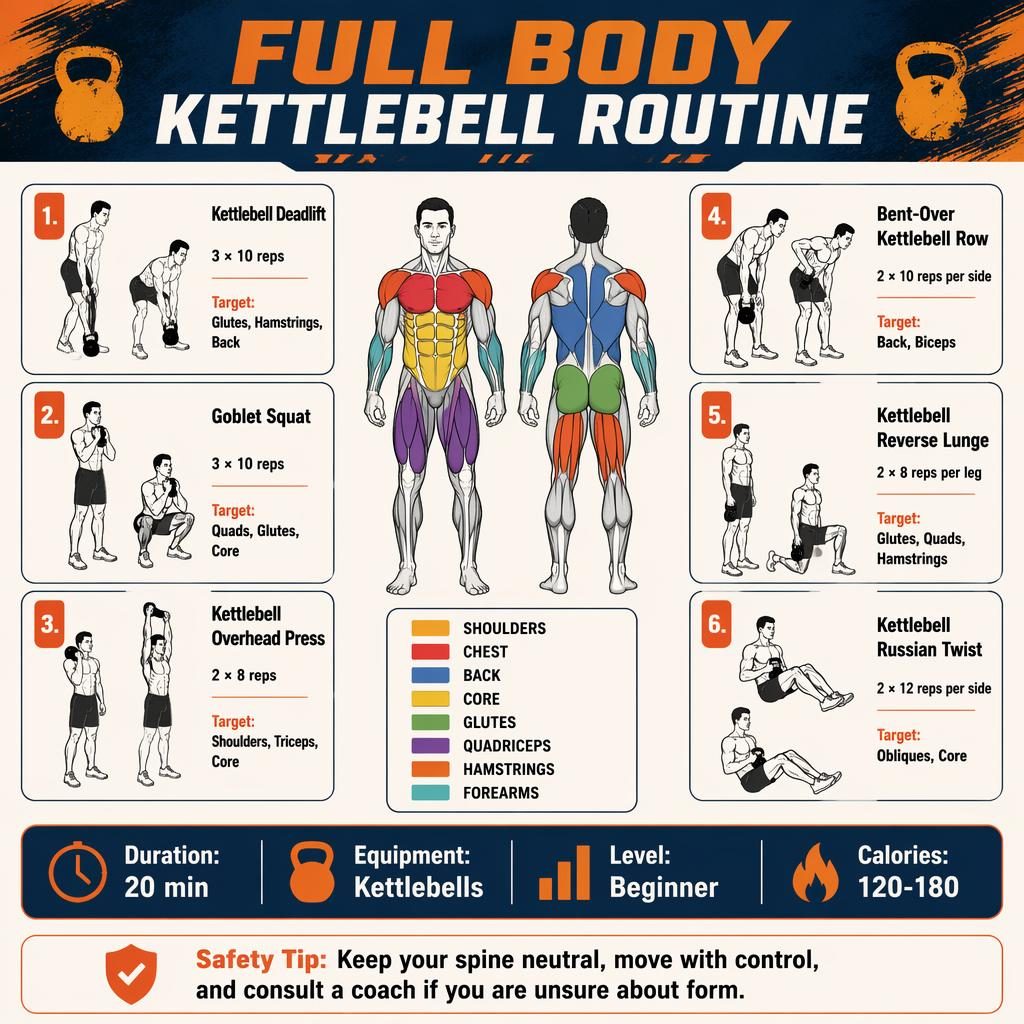 Full body kettlebell routine infographic with anatomy figure, 6 exercise cards, quick stats, and safety tip in orange and navy.