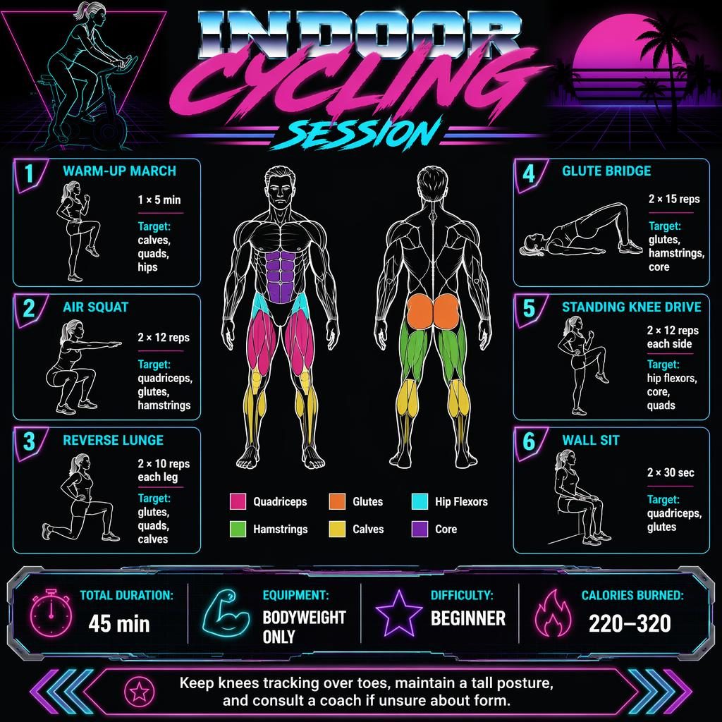 Retro dark-mode workout infographic with front and back anatomy figure, 6 exercise cards, and indoor cycling stats.