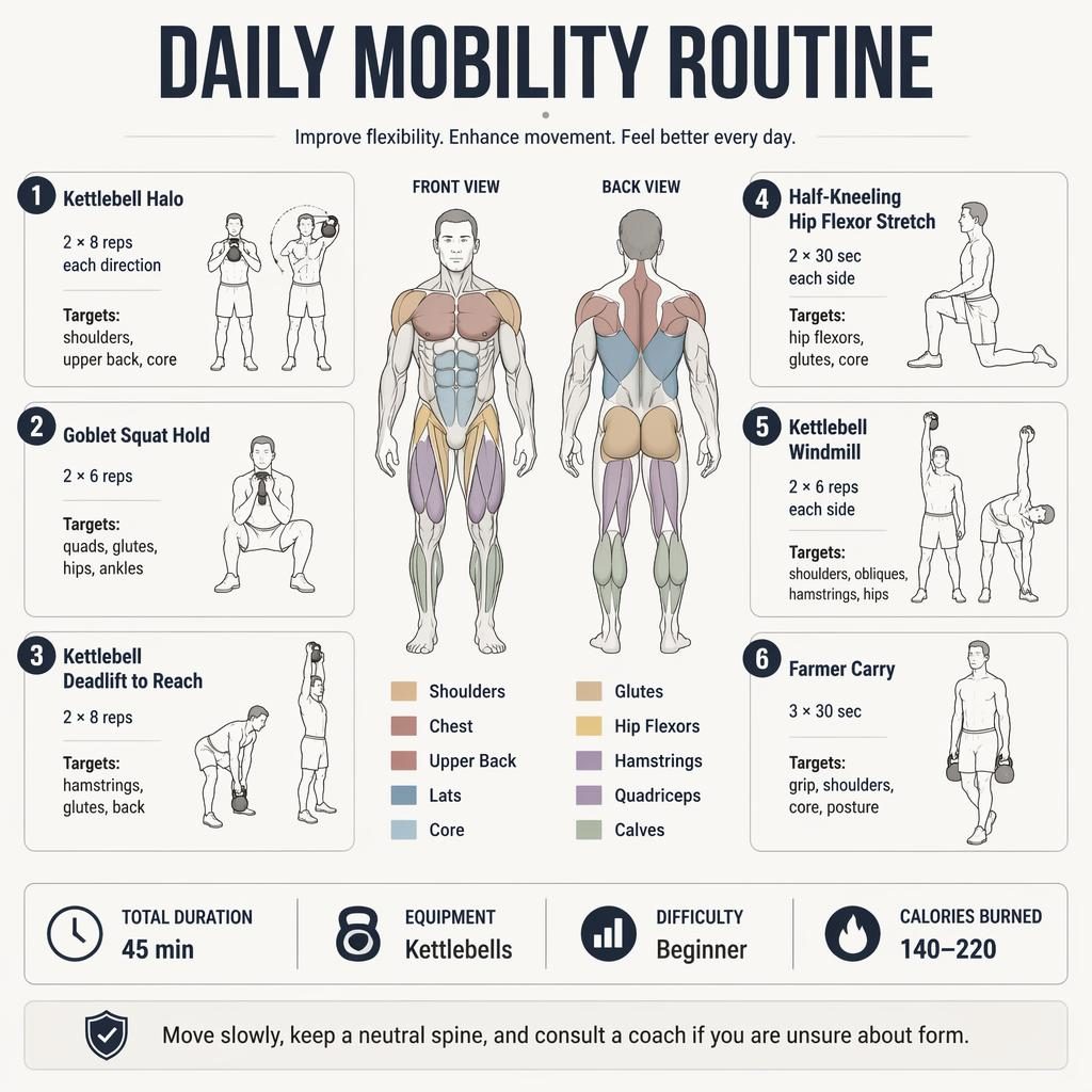 Monochrome workout infographic with front and back anatomy figure, 6 mobility exercise cards, stats strip, and safety tip.