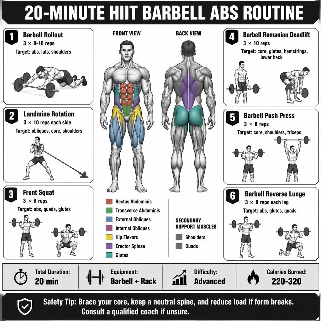 Monochrome infographic with front and back anatomy figure, 6 barbell abs exercise cards, stats strip, and safety tip.