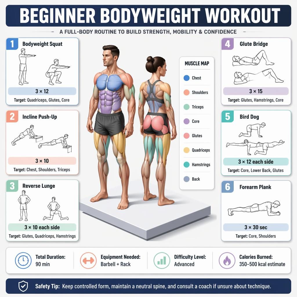 Beginner bodyweight workout infographic with male and female anatomy figures, 6 exercise cards, muscle legend, stats strip, and safety tip.